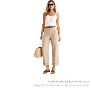 Luisa Cerano Linen Ankle Pants L XL Tan Minimalist Resort Capri Trousers